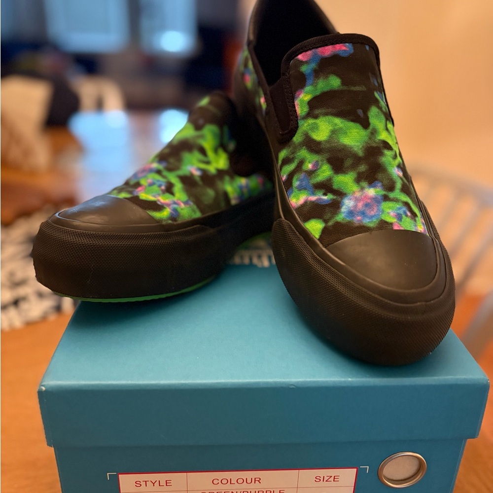 John Fluevog Green and Purple Tie Dye Sneakers